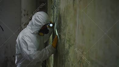 Mould exterminator service in protective overalls and a respirator with a flashlight in his hands in the basement of the