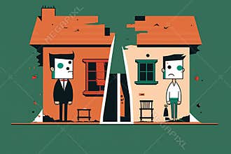 Divorced couple ruining house cartoon minimalism, created with Generative AI technology