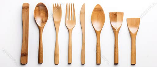 Wooden spoon and fork isolated on white background, top view.