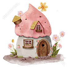 Pink watercolor cute house. Fairytale gnome house white with pink roof among flowers. Hand drawn PNG illustration