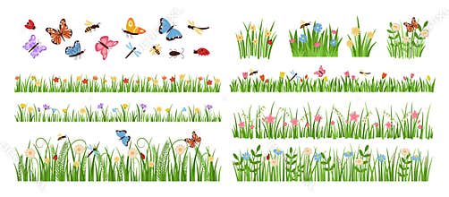 Early spring garden flowers. Forest and garden blooming plants with insects and green grass cartoon vector set