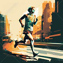 Unknown Marathon Runner in a city, vector illustration, double exposure. AI Generated