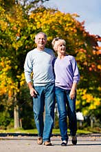 Seniors in autumn or fall walking hand in hand
