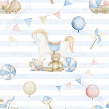 Seamless watercolor Pattern with Baby Toys and blue stripes. Hand drawn illustration with rocking Horse, teddy bear
