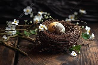 A cute bird egg on a small bird\'s nest with beautiful white flowers and tree branches. Generative AI