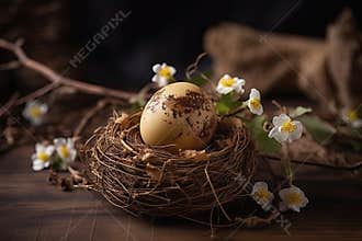 A small egg on a cute bird nest with beautiful white wildflower branches. Generative AI