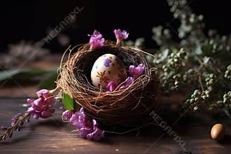 A cute painted Easter egg on a bird\'s nest with beautiful pink flowers and pine tree branches.