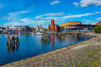 Skyline of Cardiff bay and Mermaid Quay in Wales, UK