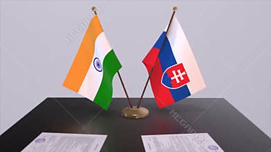 Slovakia and India national flags. Partnership deal 3D illustration, politics and business agreement cooperation