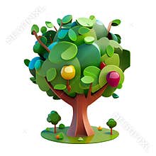 3d icon Polygonal summer tree with fruits, modern low poly illustration, isolated Transparent png. Generative ai