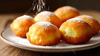 Golden Brown Bu?uelos Sprinkled with Powdered Sugar on White Plate with Silver Rim in Eye Level Close Up