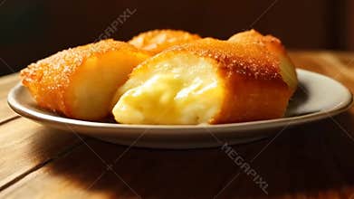 Golden Fried Bunuelos Filled with Creamy Custard on a White Plate Displayed on Warm Wooden Table Perfect for Decoration or Menu