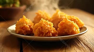 Steaming Golden Brown Bu?uelos on Plate Displayed on Wooden Table Close Up Mexican Dessert and Pastry