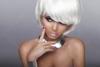Fashion Blond Girl. Beauty Portrait Woman. White Short Hair. Iso