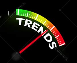 Speedometer showing trends with needle, glowing colorful bar near the red side, business, growth, trending