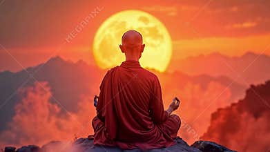 Buddhist monk meditating on the mountain at dawn. Spiritual contemplation with breathtaking scenery. Concept of Buddhism, prayer