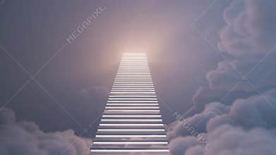 Glowing white staircase is ascending through white clouds towards a bright light in a cloudy purple sky, creating a dreamy and
