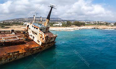 Aerial View of Edro III Shipwreck Near Cyprus Coastline