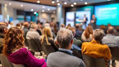 Wide view of attendees at business presentation in bright modern conference room