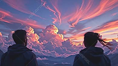 inviting view of the heavens at dawn, ethereal soft clouds glowing with hints of purple and pink, tranquil skies Generative AI