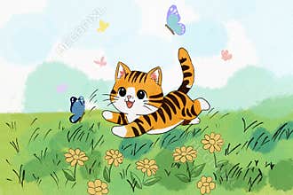 Cute orange cartoon kitten running chasing a butterfly on green grass in a meadow and colorful flowers.
