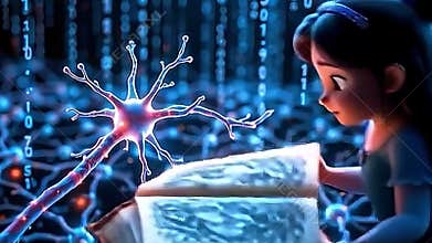 A bioluminescent neuron, pulsating with soft, ethereal light, extends a branching axon into a network of glowing Generative AI
