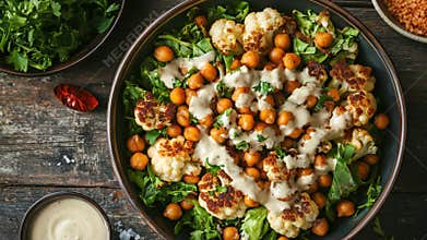 Roasted cauliflower and chickpeas bowl with tahini dressing on greens
