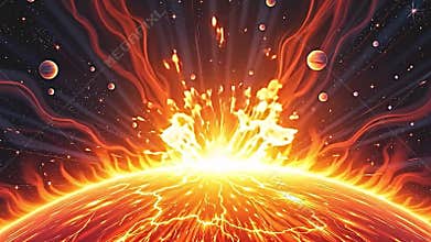 A hand-drawn style, close-up top-down view of a fiery, exploding planet at the bottom edge, a sphere consumed by Generative AI