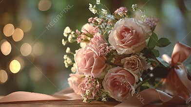 Romantic bouquet of peach and pink roses with satin ribbon and soft bokeh background, perfect for weddings and love-themed designs