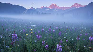 Violet Flowers in Misty Meadow with Alpine Mountains During Sunrise in Background