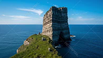 Coastal Stack Formation Against Blue Sky in Tranquil Ocean Seascape
