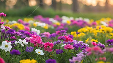 Blooming Field of Colorful Flowers with Bokeh Background on a Sunny Day