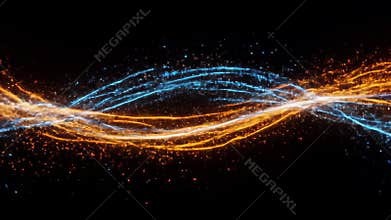 Abstract Flowing Wave of Blue and Orange Particles on Dark Background