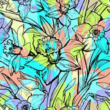 Bright floral seamless pattern with daffodil flowers in acid tones.