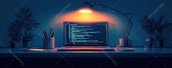 Modern workspace illustration showing laptop with code and minimalistic surroundings