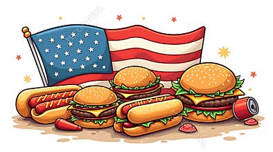Festive American BBQ Cartoon with Burgers, Hot Dogs, Flag, and Soda