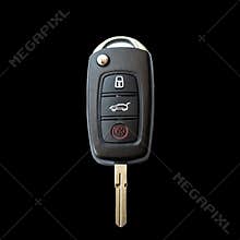 Car key fob with transparent background showing lock, unlock, and trunk buttons