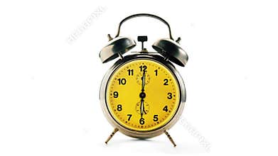 Vintage alarm clock over a white background. Time running backwards.