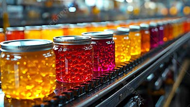 Vibrantly colored canned goods lined up on a factory conveyor belt, showing automated food production