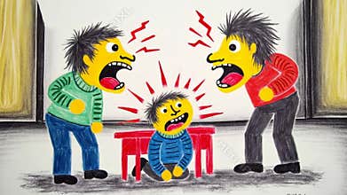 Child feels stress from adult quarrel in animated drawing about family conflicts