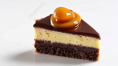 Elegant Triangle Slice Cream Cake Topped with Brown Fruits on White Background