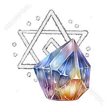 Watercolor crystal with mystical geometric symbol