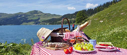 Picnic in french alps with lake