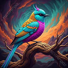 An AI generated image of colorful bird perching on a branch in forest