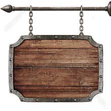 Medieval wood sign hanging on chains isolated