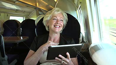 Businesswoman Commuting On Train Using Digital Tablet