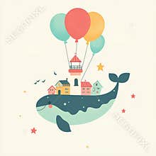 Adorable baby clip art featuring a charming watercolor flying whale, lighthouse, and hot air balloons. Children's