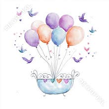 An exquisite watercolor composition with a baby cradle, crib, air balloons, and flowers, designed as stock clip art for