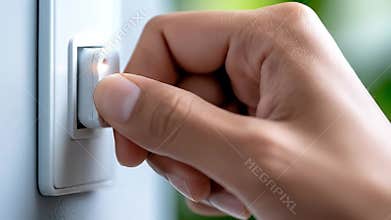 Hand switches off a small nightlight in a wall socket. The gentle light illuminates the scene. Ideal for home, energy, or sleep