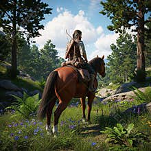An AI generated image of a lone medieval fantasy wanderer riding a horse in mountains in forested wilderness